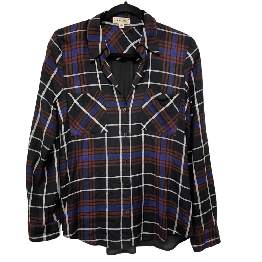 L’AGENCE Flannel Plaid Shirt Contrast Black Silk Back, Blue and Brown - Size XS